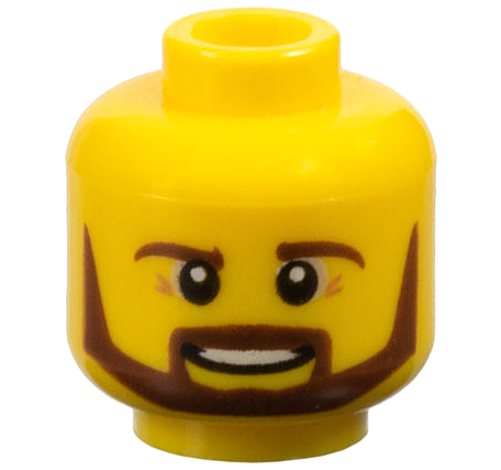 Minifigure, Head Reddish Brown Eyebrows, Moustache and Angular Beard, Medium Nougat Wrinkles, Open Mouth Smile with Teeth Pattern