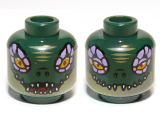 Minifigure, Head Dual Sided Alien Chima Crocodile with Bright Light Orange Eyes, Olive Green Lower Jaw, Medium Lavender Scales, and White Sharp Teeth, Open / Closed Mouth Pattern