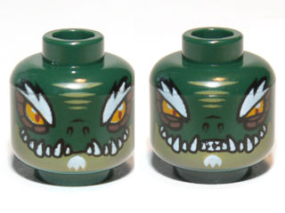 Minifigure, Head Dual Sided Alien Chima Crocodile with Bright Light Orange Eyes, Olive Green Lower Jaw, White Bushy Eyebrows, Soul Patch, and Sharp Teeth, Wide / Narrow Eyes Pattern