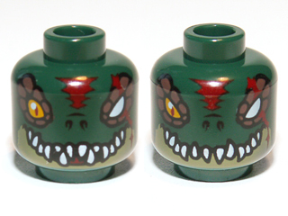 Minifigure, Head Dual Sided Alien Chima Crocodile with Bright Light Orange Eye, Missing Eye, Red Forehead and Scar, Olive Green Lower Jaw, and White Sharp Teeth, Open / Closed Mouth Pattern