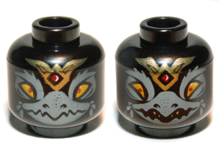 Minifigure, Head Dual Sided Alien Chima Raven with Beak and Gold Crown, Wide Eyes / Narrow Eyes Pattern (Rawzom)