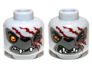 Minifigure, Head Dual Sided Alien Chima Wolf with Orange Eye, Dark Gray Face and Red Scars, Closed Mouth / Open Mouth Pattern (Winzar)