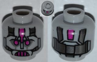 Minifigure, Head Alien with Robot Magenta Eyes and Mouth and Metal Plates Pattern
