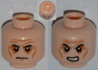 Minifigure, Head Dual Sided Sunken Eyes, Black Eyebrows, Wrinkles, Frown / Angry Pattern