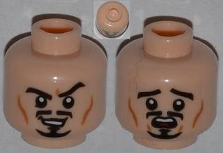 Minifigure, Head Dual Sided Moustache, Goatee and Cheek Lines, Sneer / Scared Pattern
