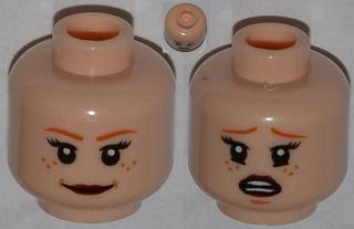 Minifigure, Head Dual Sided Female Dark Orange Eyebrows, Freckles, Eyelashes, Dark Red Lips, Smile / Scared Pattern