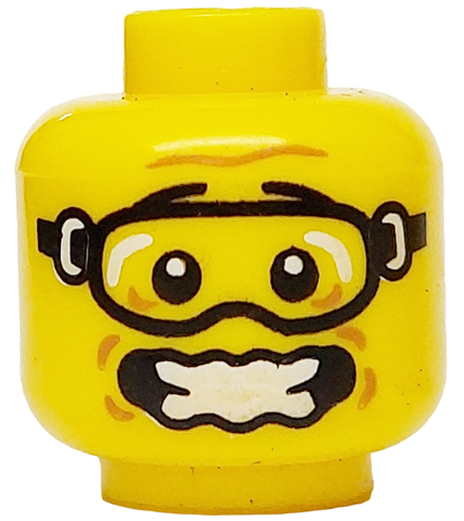 Minifigure, Head Black Eyebrows, Goggles, Medium Nougat Dimples, Furrowed Brow, Open Mouth Scared and Wavy with Teeth Pattern