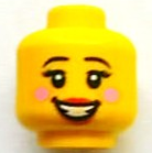 Minifigure, Head Female Black Eyebrows, Eyelashes, Bright Pink Circles on Cheeks, Red Lips, Open Mouth Smile with Teeth Pattern