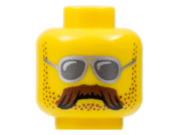 Minifigure, Head Glasses with Silver Sunglasses, Moustache Brown Bushy and Stubble Pattern