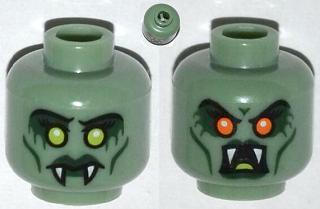 Minifigure, Head Dual Sided Alien with Yellow Eyes, Fangs, Green Lips, Cheek Lines  / Open Mouth with Red Eyes Pattern