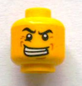 Minifigure, Head Male Black Angry Eyebrows, Evil Grin with Teeth, Wrinkles Pattern