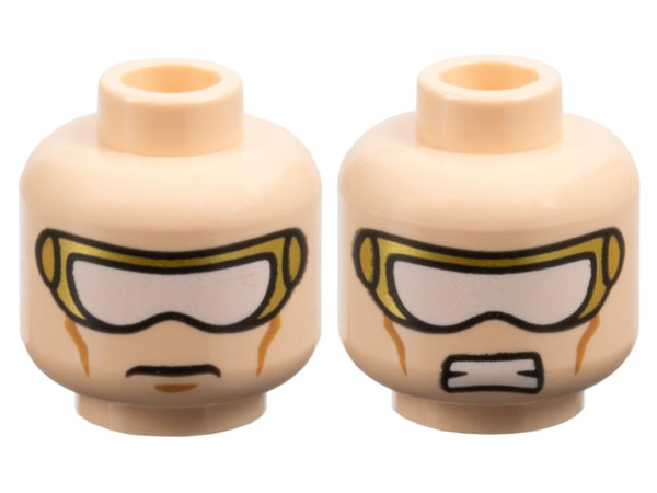 Minifigure, Head Dual Sided Gold Goggles with White Lens, Medium Nougat Cheek Lines, Slight Frown and Chin Dimple / Bared Teeth Pattern