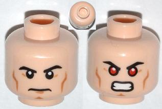 Minifigure, Head Dual Sided Black Eyebrows, Cheek Lines, Chin Dimple, Determined / Bared Teeth with Red Eyes Pattern (Superman)