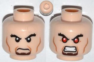 Minifigure, Head Dual Sided Black Bushy Eyebrows, Brown Goatee, Cheek Lines, Angry / Bared Teeth with Red Eyes Pattern