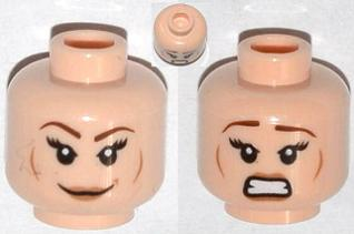 Minifigure, Head Dual Sided Female Brown Eyebrows, Eyelashes, Medium Nougat Lips, Cheek Lines, Smile / Scared Pattern