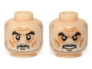 Minifigure, Head Dual Sided LotR Saruman Thick Black Eyebrows, Gray and White Beard, Frown / Angry Pattern