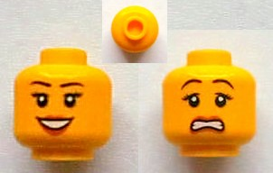 Minifigure, Head Dual Sided Female Black Eyebrows, Eyelashes, Dark Orange Lips, Open Mouth Smile with Teeth / Scared Pattern