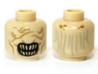 Minifigure, Head Alien with Wide Open Mouth with Pointed Bright Light Yellow Teeth, Dark Tan Wrinkles and Scars, Light Bluish Gray Thin Hair on Back Pattern