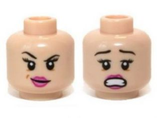 Minifigure, Head Dual Sided Female Dark Pink Lips, Eyebrow Raised / Scared Pattern (Red Harrington)