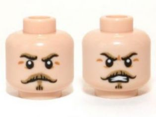 Minifigure, Head Dual Sided Dark Tan Moustache and Eyebrows, Stern / Angry Pattern (Captain J. Fuller)