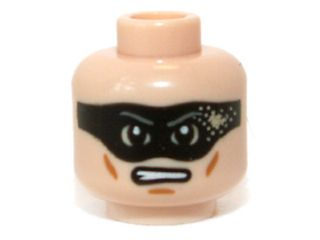 Minifigure, Head Black Eye Mask with Dirt Stain, Medium Nougat Cheek Lines and Chin Dimple, Angry with Bared Teeth Pattern