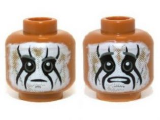 Minifigure, Head Dual Sided Dark Bluish Gray Eyebrows, White Face Paint with Black Animal Stripes, Dark Tan Dirt Stains, Neutral / Worried Open Mouth with Top Teeth Pattern