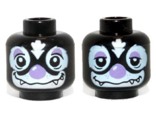 Minifigure, Head Dual Sided Alien Chima Skunk with Medium Lavender Eyebrows and Nose, White Fur, Happy / Sleepy Pattern (Skinnet)