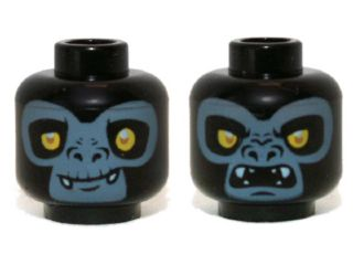 Minifigure, Head Dual Sided Alien Chima Gorilla with Yellow Eyes, Fangs and Sand Blue Face, Closed Mouth / Open Mouth Pattern (Gorzan)