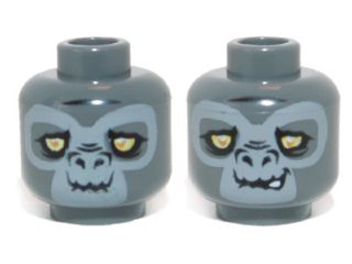Minifigure, Head Dual Sided Alien Chima Gorilla with Bright Light Yellow Eyes and Light Bluish Gray Face, Grin / Lopsided Open Mouth Smile with Teeth Pattern