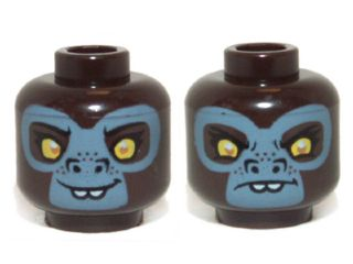 Minifigure, Head Dual Sided Alien Chima Gorilla with Yellow Eyes, Protruding Front Teeth and Gray Face, Happy / Sad Pattern (G'Loona)