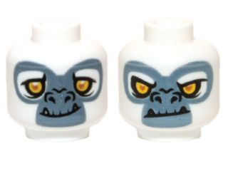 Minifigure, Head Dual Sided Alien Chima Gorilla with Yellow Eyes, Fangs and Gray and White Face, Happy / Angry Pattern (Grizzam)