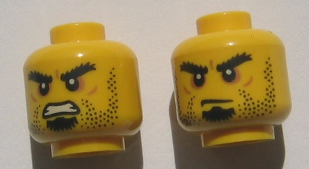 Minifigure, Head Dual Sided Beard Stubble, Black Goatee, Bushy Eyebrows, Grim Mouth with Teeth / Closed Mouth Pattern