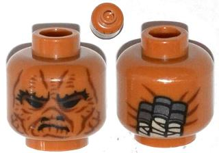 Minifigure, Head Alien SW Weequay with Black Brow, Eyes and Nostrils, Dark Red Facial Lines, Frown, Wrapped Ponytails on Back Pattern