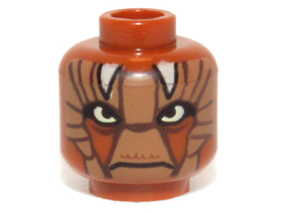 Minifigure, Head Alien with SW Nikto Medium Nougat Face, Large Eyes, Frown, and White Horns Pattern