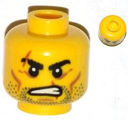 Minifigure, Head Beard Stubble, Scars over Right Eyebrow and Mouth, Angry Pattern