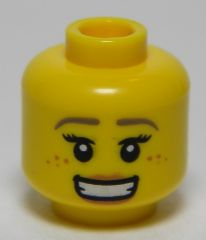 Minifigure, Head Female Dark Tan Eyebrows, Freckles, Eyeleashes, Peach Lips, Open Mouth Smile Pattern