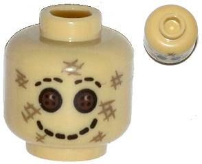 Minifigure, Head Alien Scarecrow with Dark Brown Button Eyes, Black Stitched Smile and Eyebrows, and Dark Tan Scratches Pattern