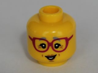 Minifigure, Head Female Glasses Dark Pink, Gray Eyebrows, Crow's Feet Pattern