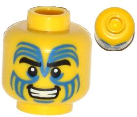 Minifigure, Head Face Paint with Blue Swirls, Black Eyebrows and Grin Pattern