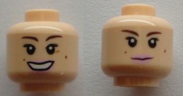 Minifigure, Head Dual Sided Female Brown Eyebrows, Beauty Marks, Pink Lips, Closed Mouth / Open Mouth Pattern