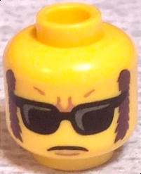 Minifigure, Head Glasses with Black and Silver Highlighted Sunglasses, Closed Mouth, Dark Brown Sideburns Pattern