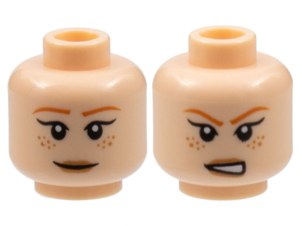 Minifigure, Head Dual Sided Female Dark Orange Eyebrows, Freckles, Tan Lips, Closed Mouth Smile / Open Mouth Scowl Pattern