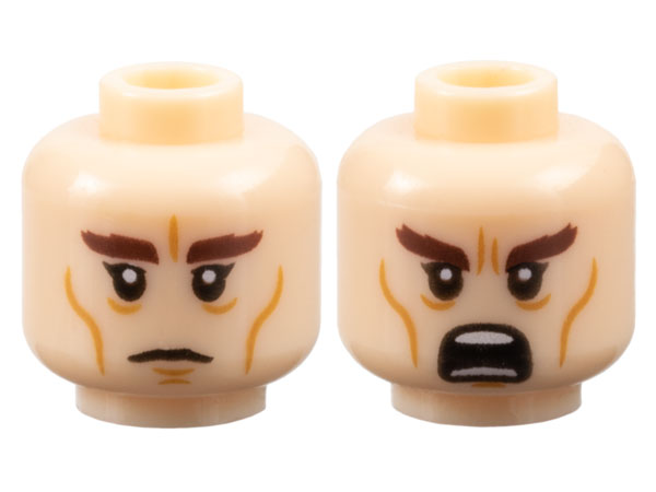 Minifigure, Head Dual Sided Dark Brown Bushy Eyebrows, Black Single Eyelashes, Medium Nougat Cheek Lines, Chin Dimple, and Wrinkles, Neutral / Angry Open Mouth with Teeth Parted Pattern