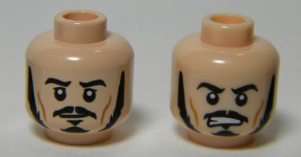 Minifigure, Head Dual Sided LotR Bard Long Black Sideburns, Moustache, Goatee, Frowning / Angry Pattern
