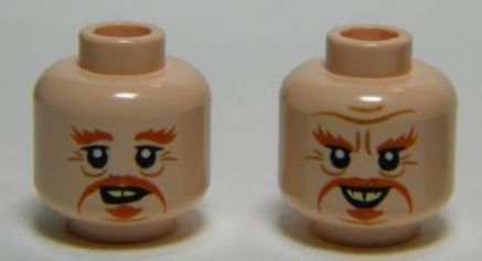 Minifigure, Head Dual Sided LotR Dark Orange Moustache, Goatee, Bushy Eyebrows, Wrinkles, Yellowed Teeth, Smile / Open Mouth Pattern