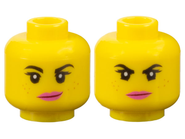 Minifigure, Head Dual Sided Female Black Eyebrows, Eyelashes, Medium Nougat Freckles, Dark Pink Lips, Lopsided Smile / Determined Pattern