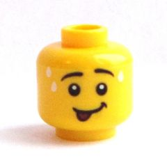 Minifigure, Head Male Black Eyebrows, Smile with Red Tongue Out and White Sweat Drops on Forehead Pattern