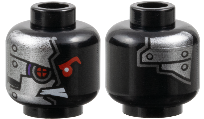 Minifigure, Head Alien with Red Mechanical Right Eye, Bared Teeth, and Silver Plates with Rivets on Front and Back Pattern