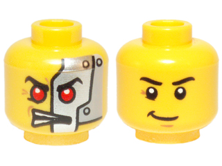 Minifigure, Head Dual Sided Alien with Red Eyes, Silver Head Plates / Black Eyebrows and Crooked Smile Pattern