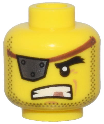 Minifigure, Head Dark Silver Eye Patch with Rivets, Bared Teeth with Copper Tooth, Stubble Pattern (MetalBeard)